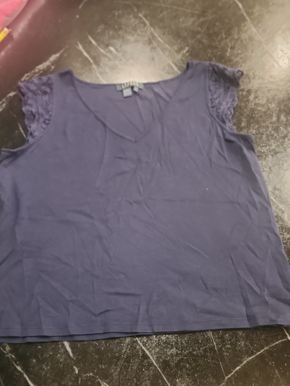 Lauren Ralph Lauren Navy V-Neck Crochet Lace Cap Sleeve Top Size Large